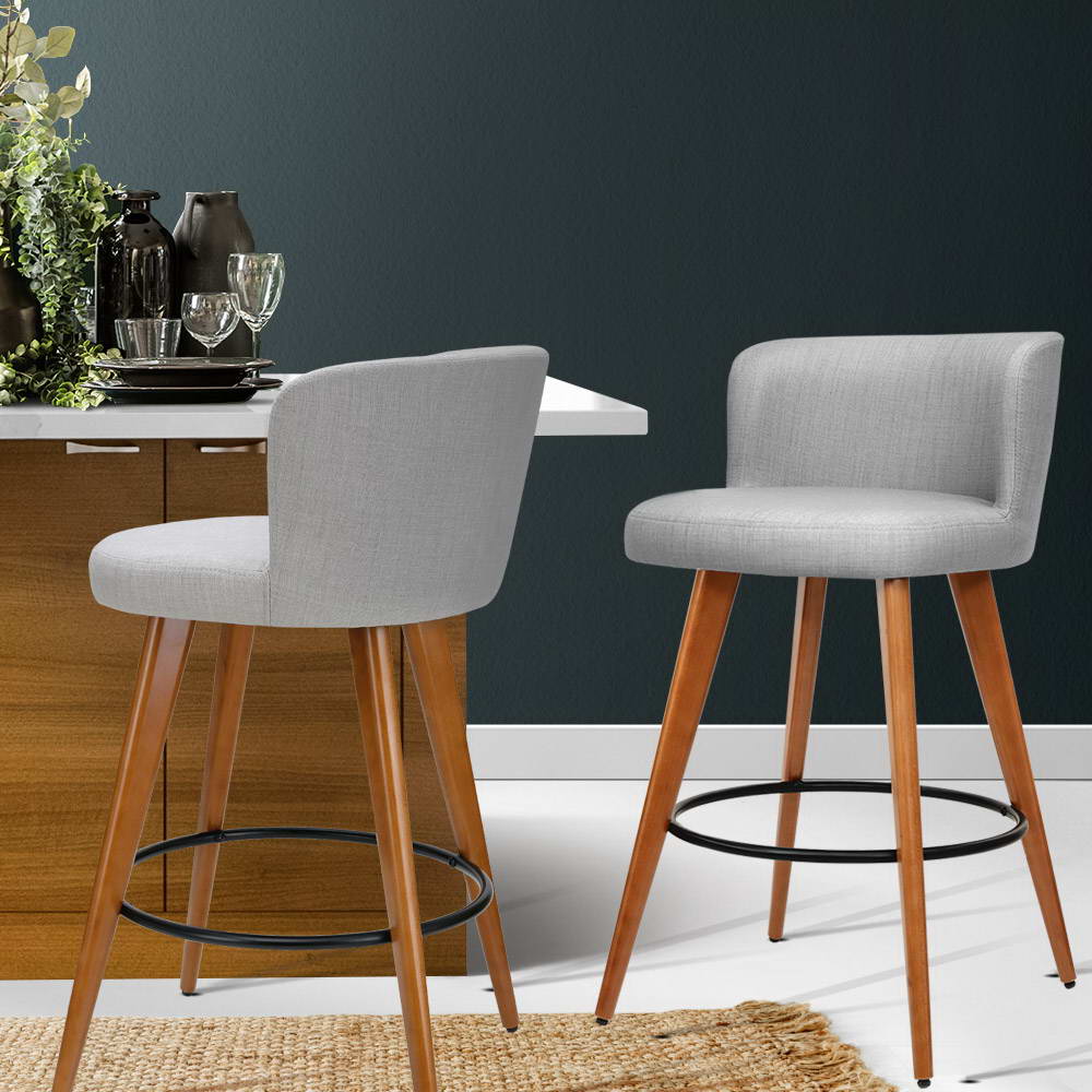 Artiss 2x Bar Stools Linen Padded Wooden Grey