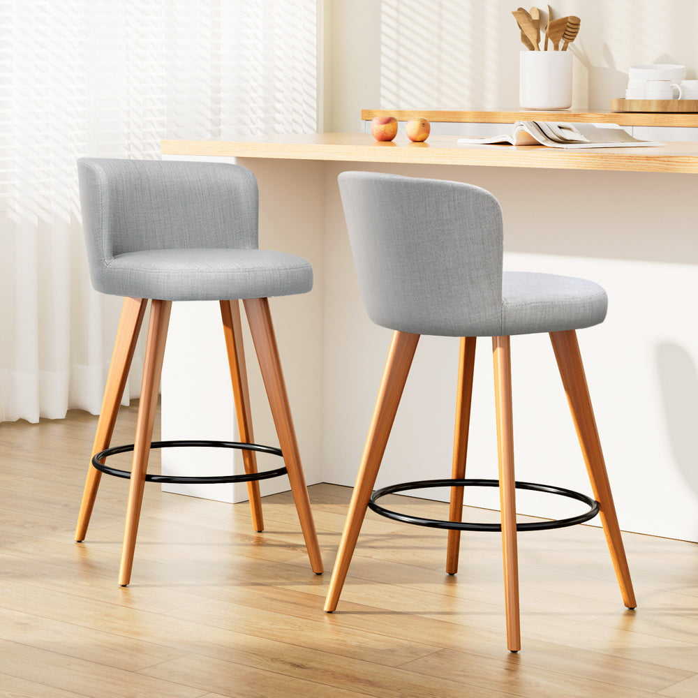 Artiss 2x Bar Stools Linen Padded Wooden Grey