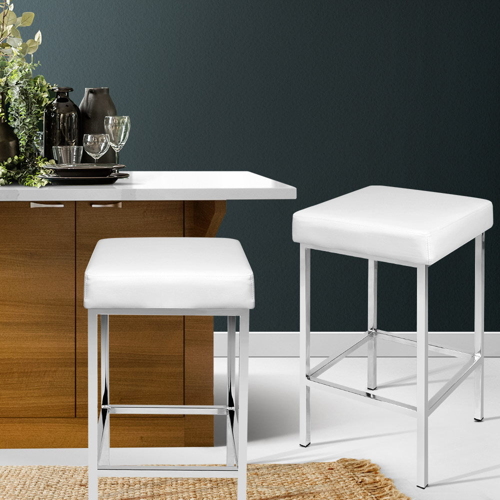 Artiss 2x Bar Stools Leather Padded Metal White