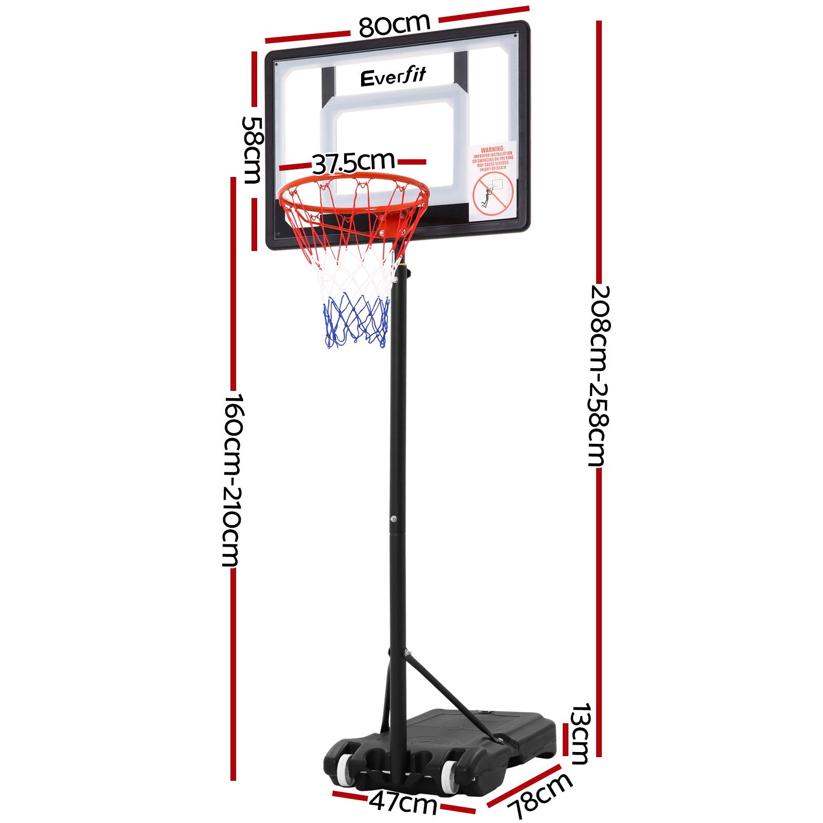 Everfit 2.1M Basketball Hoop Stand System Adjustable Portable Pro Kids Clear - 0