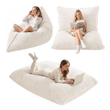 Artiss 3 in 1 Bean Bag Chair Cover (No Filler) Convertible Bean Bag for Adults, Corduroy Stuffed Animal Storage Bean Bag Cover Washable for Living Room Bedroom, Beige - 0