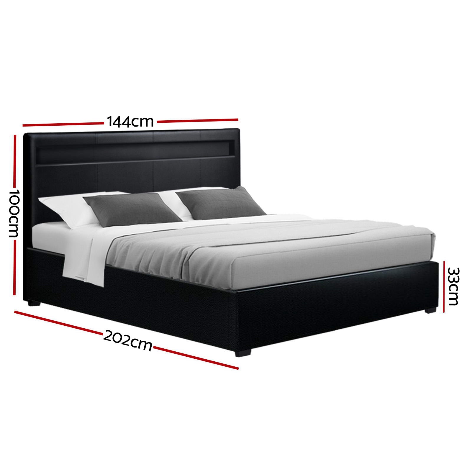 Artiss Cole LED Bed Frame PU Leather Gas Lift Storage - Black Double