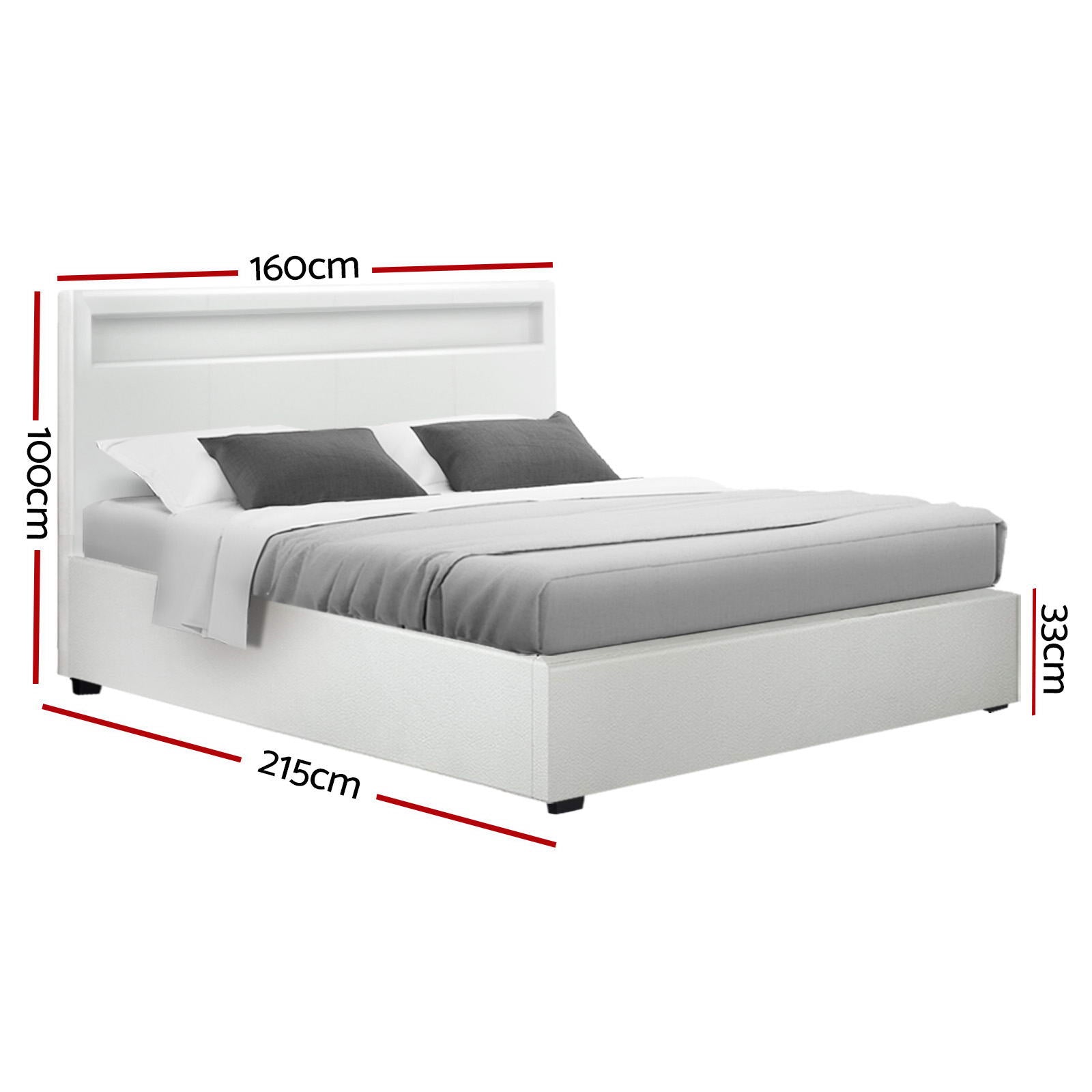 Artiss Cole LED Bed Frame PU Leather Gas Lift Storage - White Queen