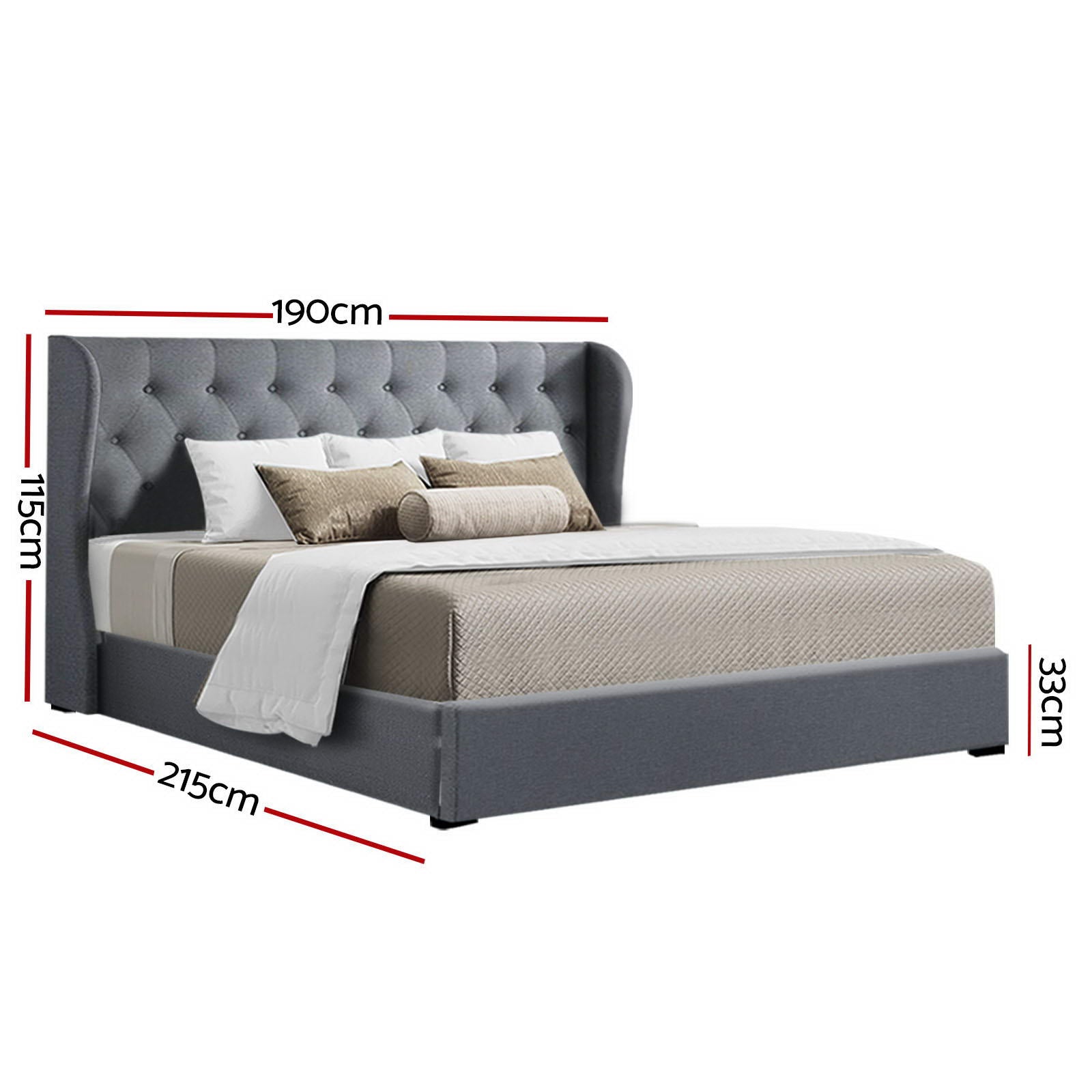 Artiss Issa Bed Frame Fabric Gas Lift Storage - Grey King