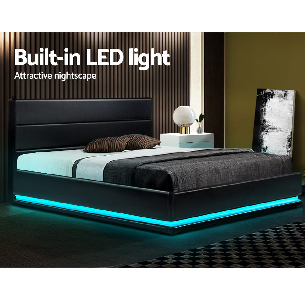 Artiss Lumi LED Bed Frame PU Leather Gas Lift Storage - Black Double