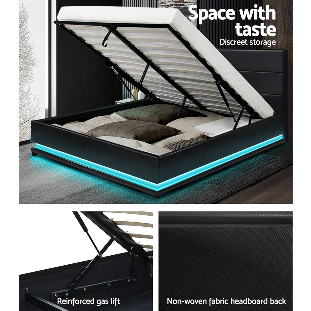 Artiss Lumi LED Bed Frame PU Leather Gas Lift Storage - Black Double