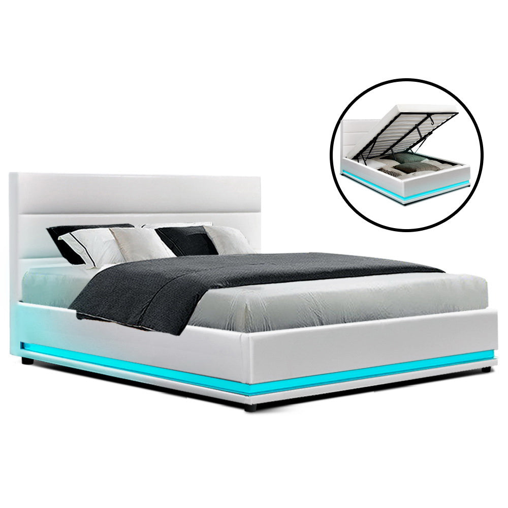 Artiss Lumi LED Bed Frame PU Leather Gas Lift Storage - White Double