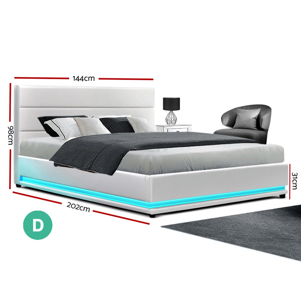 Artiss Lumi LED Bed Frame PU Leather Gas Lift Storage - White Double - 0