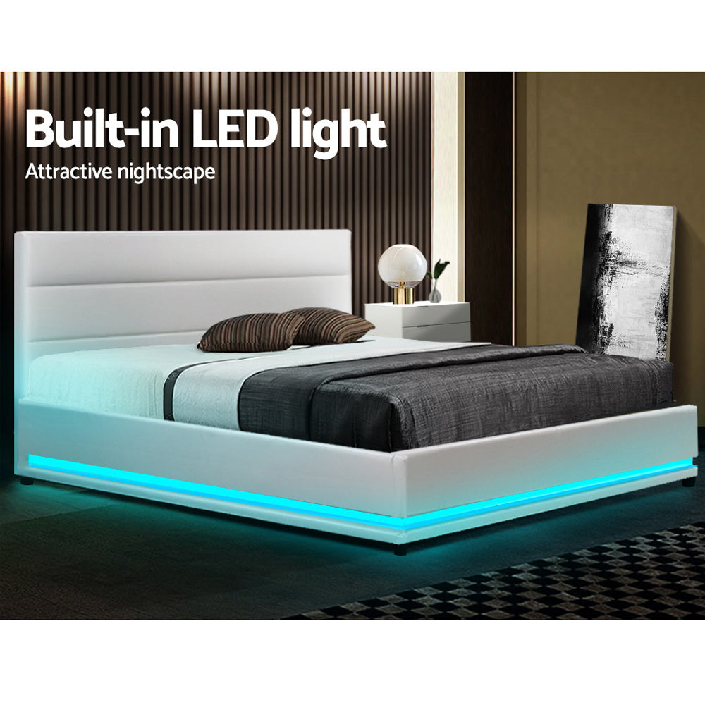 Artiss Lumi LED Bed Frame PU Leather Gas Lift Storage - White Double