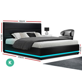 Artiss Lumi LED Bed Frame PU Leather Gas Lift Storage - Black King - 0