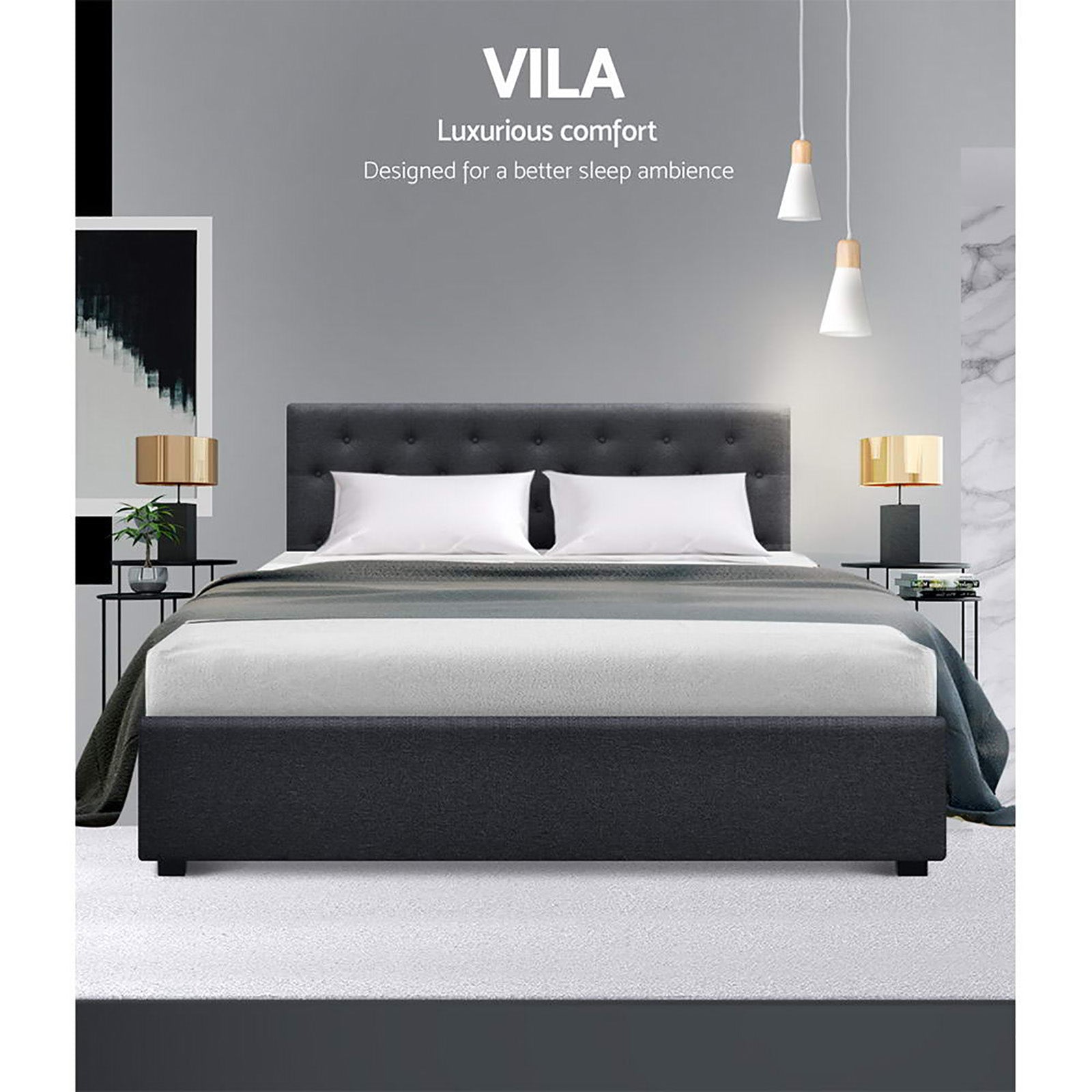 Artiss Vila Bed Frame Fabric Gas Lift Storage - Charcoal Queen