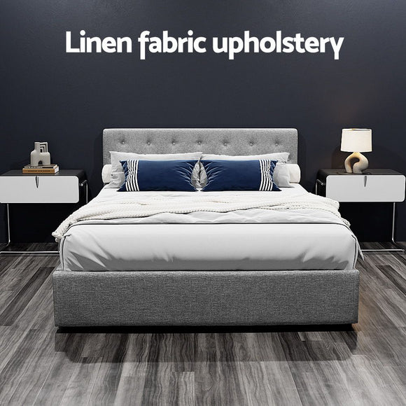 Artiss Vila Bed Frame Fabric Gas Lift Storage - Grey Queen