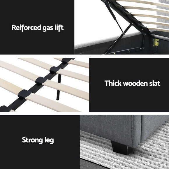 Artiss Vila Bed Frame Fabric Gas Lift Storage - Grey Queen