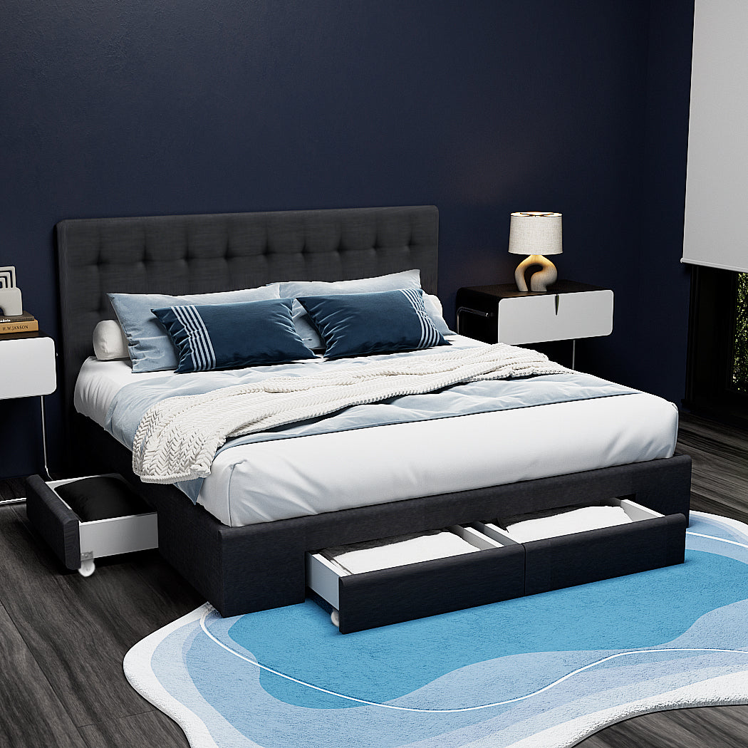Artiss Avio Bed Frame Fabric Storage Drawers - Charcoal Queen - 0