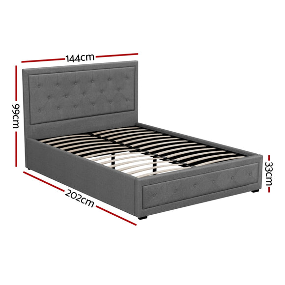Artiss Tiyo Bed Frame Fabric Gas Lift Storage - Grey Double