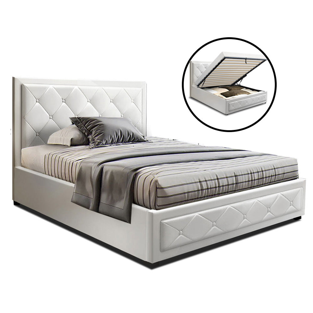 Artiss Tiyo Bed Frame PU Leather Gas Lift Storage - White King Single