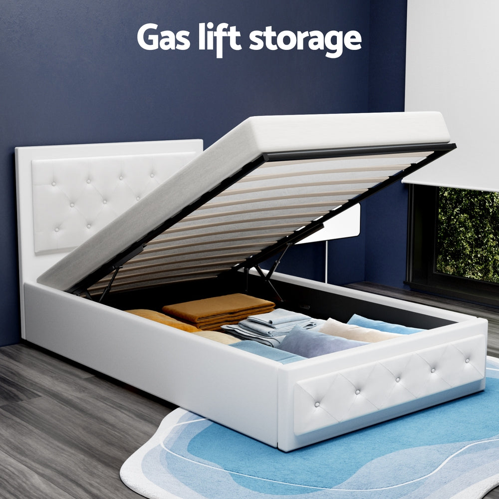 Artiss Tiyo Bed Frame PU Leather Gas Lift Storage - White King Single