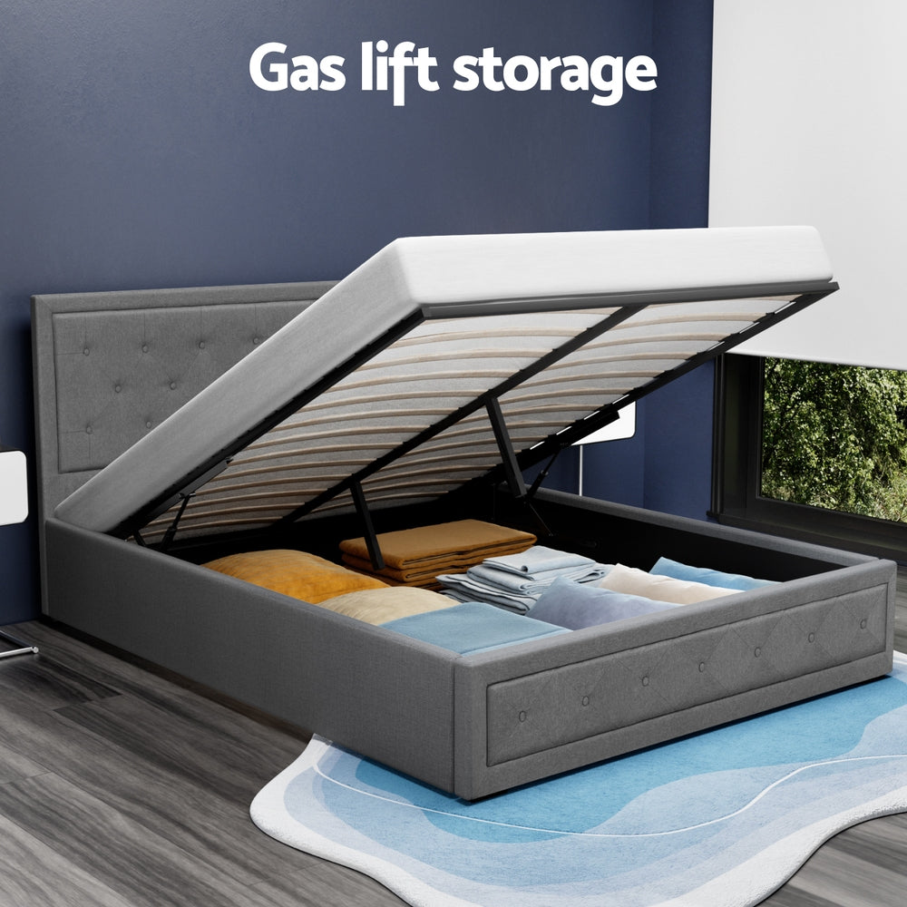 Artiss Tiyo Bed Frame Fabric Gas Lift Storage - Grey Queen