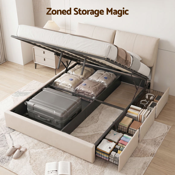 Artiss Queen Bed Frame Gas Lift Storage 3 Drawers Adjustable Headboard Platform Base