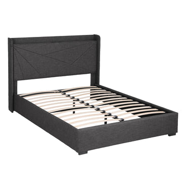 Artiss Double Bed Frame Gas Lift Storage Bed with Charging Ports Upholstered Geometric Headboard Charcoal Grey - 0