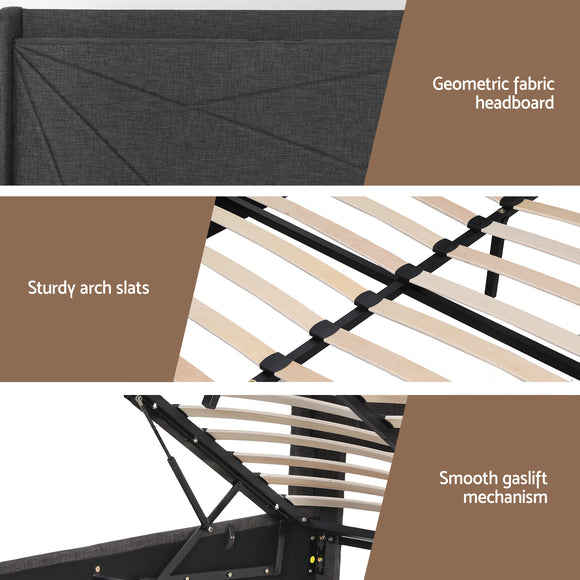 Artiss King Bed Frame Gas Lift Storage Bed with Charging Ports Upholstered Geometric Headboard Charcoal Grey