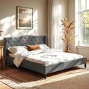 Artiss King Bed Frame with Wingback Headboard Grey Linen Upholstered Platform Bed Base-1
