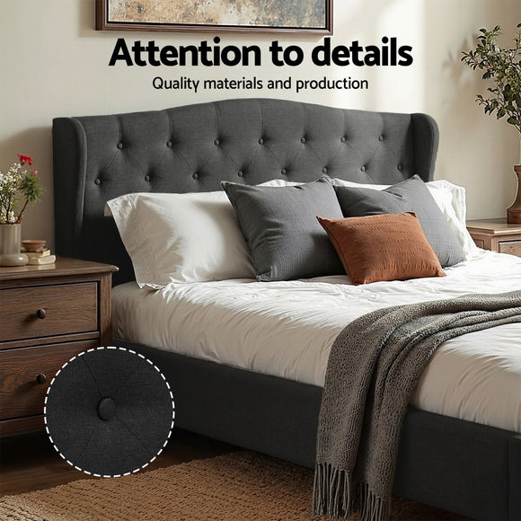 Artiss Queen Bed Frame Wingback Headboard Charcoal Grey Linen Upholstered Platform Bed Base