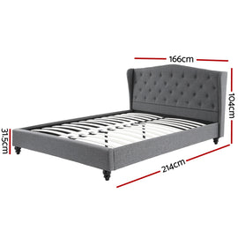 Artiss Queen Bed Frame with Wingback Headboard Grey Linen Upholstered Platform Bed Base - 0