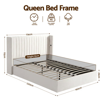 Artiss Queen Bed Frame with Gaslift Storage USB Type-C Charging Ports Velvet Upholstery White - 0