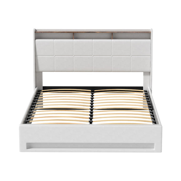Artiss Bed Frame Gas Lift LED Beds Base Platform White PVC Leather Storage Headboard - Queen