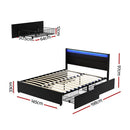 Artiss Bed Frame Double Size LED with 4 Drawers Black DUNN-2
