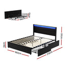 Artiss Bed Frame Queen Size LED with 4 Drawers Black DUNN-2