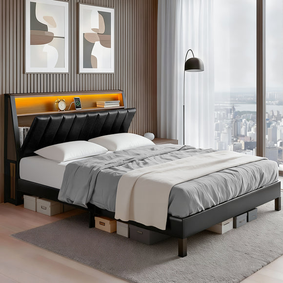 Artiss Double Bed Frame LED Storage Headboard with Charging Station Black