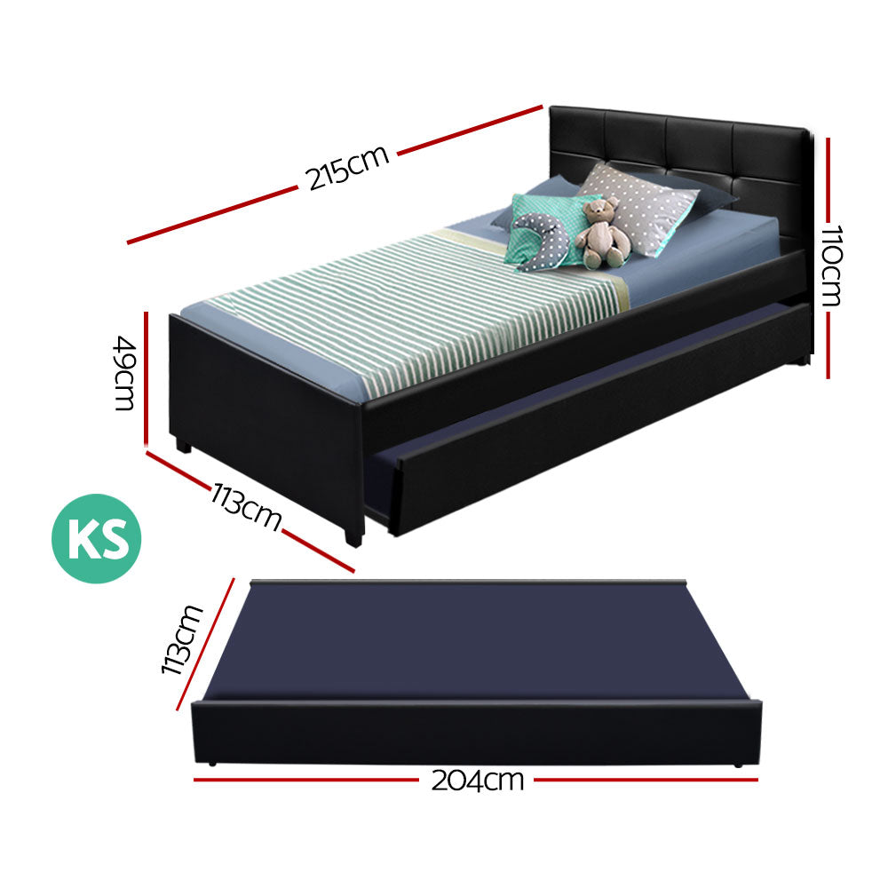 Artiss Trundle Bed Frame King Single Size Black Leather - 0