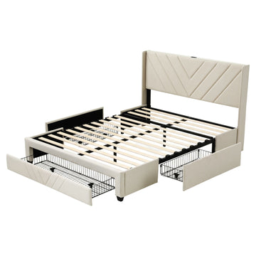 Artiss Queen Bed Frame with Charging Station and Storage Drawers Beige 300KG Noise Free - 0