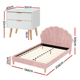 Artiss Double Bed Frame Scallop Headboard Pink Velvet with 2 Drawer Bedside Table - 0