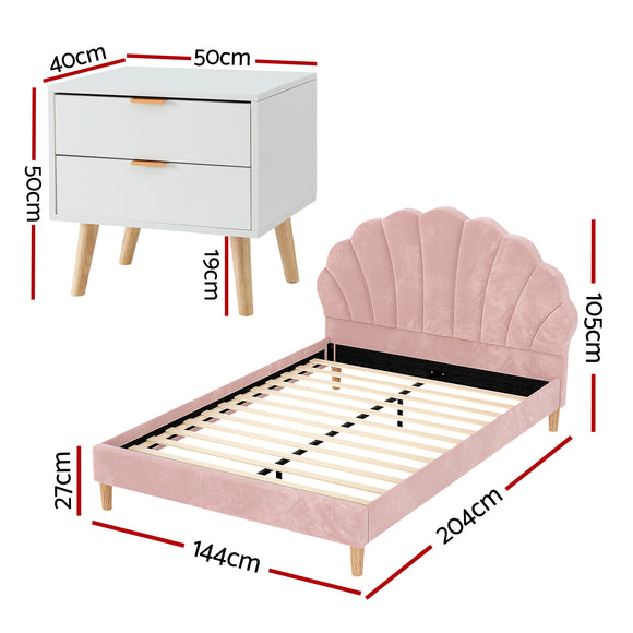 Artiss Double Bed Frame Scallop Headboard Pink Velvet with 2 Drawer Bedside Table