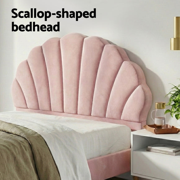 Artiss Double Bed Frame Scallop Headboard Pink Velvet with 2 Drawer Bedside Table
