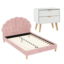Artiss Double Bed Frame Scallop Headboard Pink Velvet with 2 Drawer Bedside Table-7