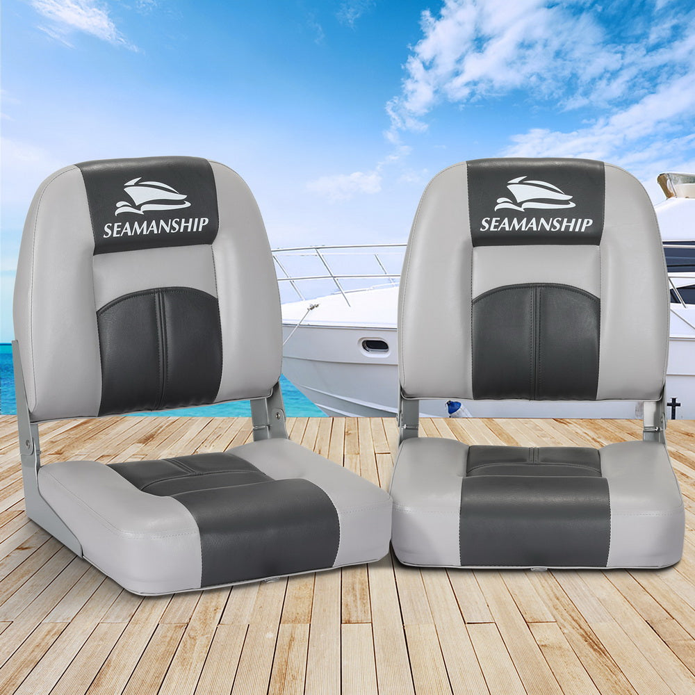 Seamanship 2X Folding Boat Seats Marine Swivel Low Back 10cm Padding Charcoal