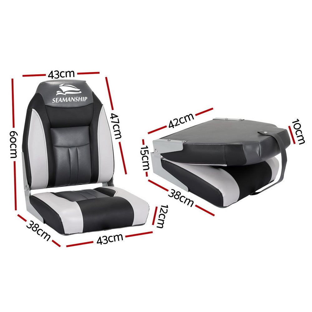 Seamanship 2X Folding Boat Seats Marine Seat Swivel High Back 12cm Padding Black - 0