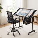 Artiss Drawing Table with Ergonomic Office Chair, Drafting Tables with Tempered Glass Desktop, Removable Drawers, Drafting Stool with Height Adjustable for Artwork Painting Studio-11