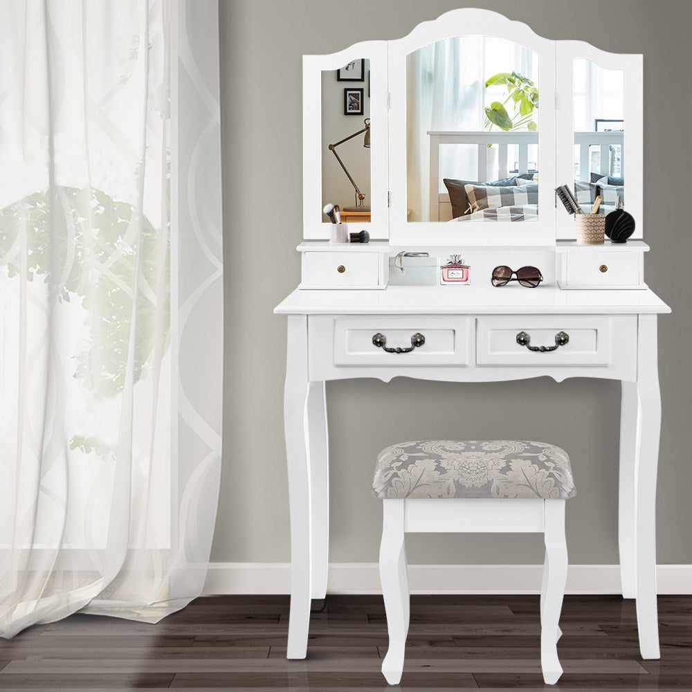 Artiss Dressing Table Stool Set Foldable Mirror White