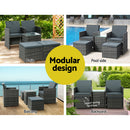 Gardeon 5PC Bistro Set Wicker Table and Chairs Ottoman Outdoor Furniture Grey-7