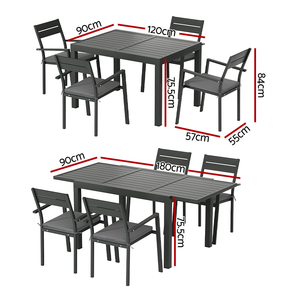 Gardeon Outdoor Dining Set 5 Piece Aluminum Extendable Table Setting Black - 0