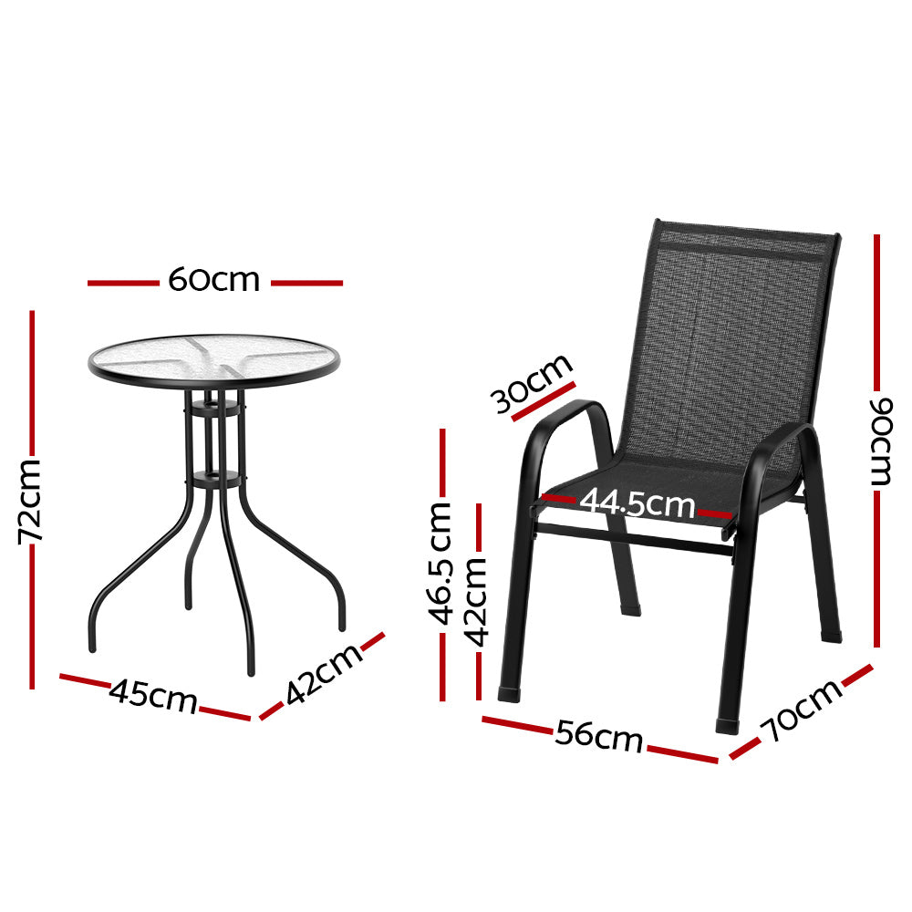 Gardeon 3PC Bistro Set Outdoor Table and Chairs Stackable Outdoor Furniture Black - 0