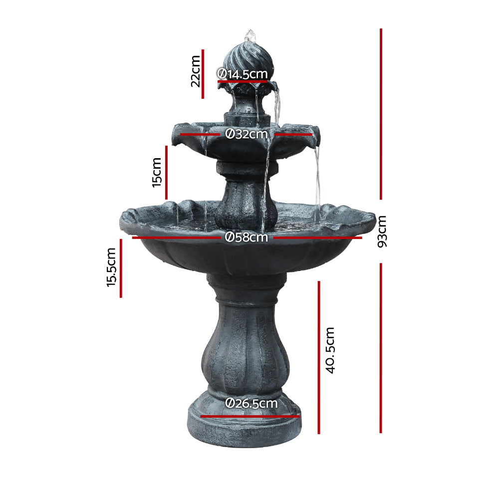 Gardeon Solar Water Feature 3-Tier Fountain with Pump Kit Bird Bath 93CM Black - 0