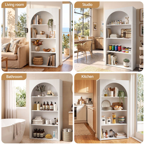 Artiss 4 Tier Bookshelf Arched Fluted Storage Display Cabinet Unit White