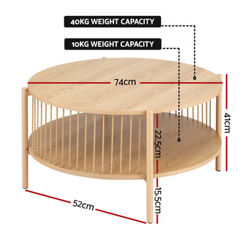 Artiss Coffee Table 2-Tier Round Wood - 0