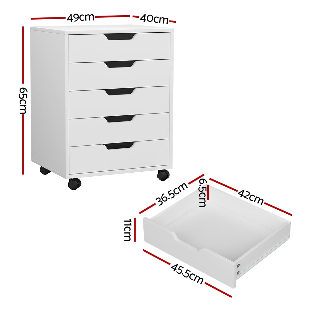 Artiss 5-Drawer Filing Cabinet Mobile Rolling Storage Cabinet Chest of Drawers Stand White - 0
